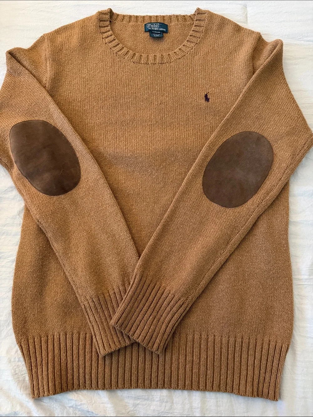 Ralph Lauren Camel Crewneck Sweater with Brown Suede Elbow Patches